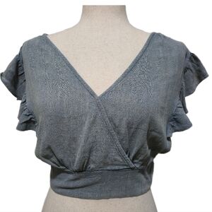 Calista Blue Linen Blend Flutter Sleeve Surplice Wrap Crop Top - Small